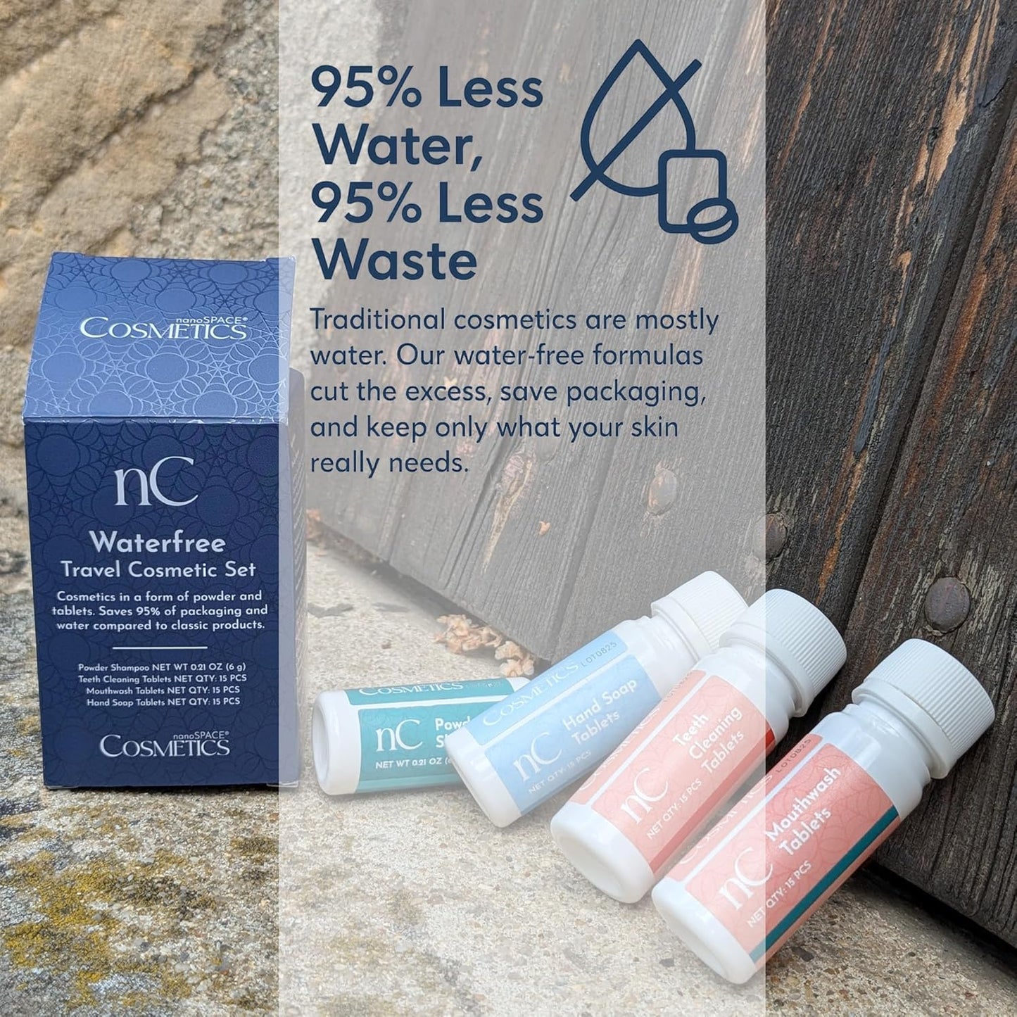 nanoSPACE Waterless Travel Toiletry Set, Clean Ingredients TSA Compliant, Includes Powder Shampoo, Toothpaste Tablets, Mouthwash Tablets, Soap Tablets