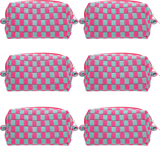 PAZIMIIK Checkered Makeup Bag for Purse Portable Zipper Make Up Pouch Small Cosmetic Case for Travel Accessories (6PCS Magenta Green)