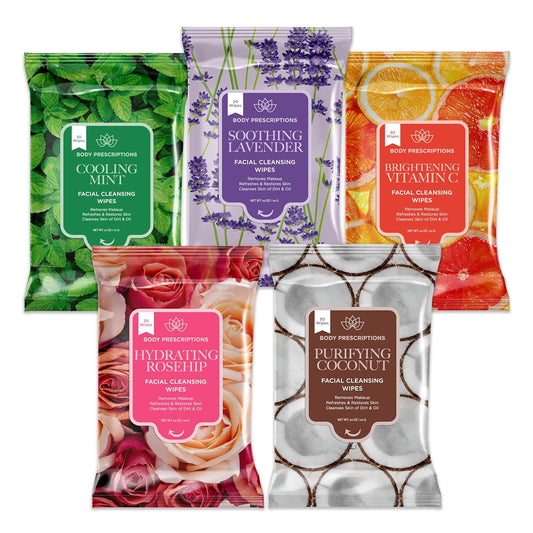 Body Prescriptions Makeup Remover Wipes - Bulk Pack, Gentle Cleansing Wipes for Easy Makeup Removal, Mint, Rosehip, Vitamin C, Lavender & Coconut