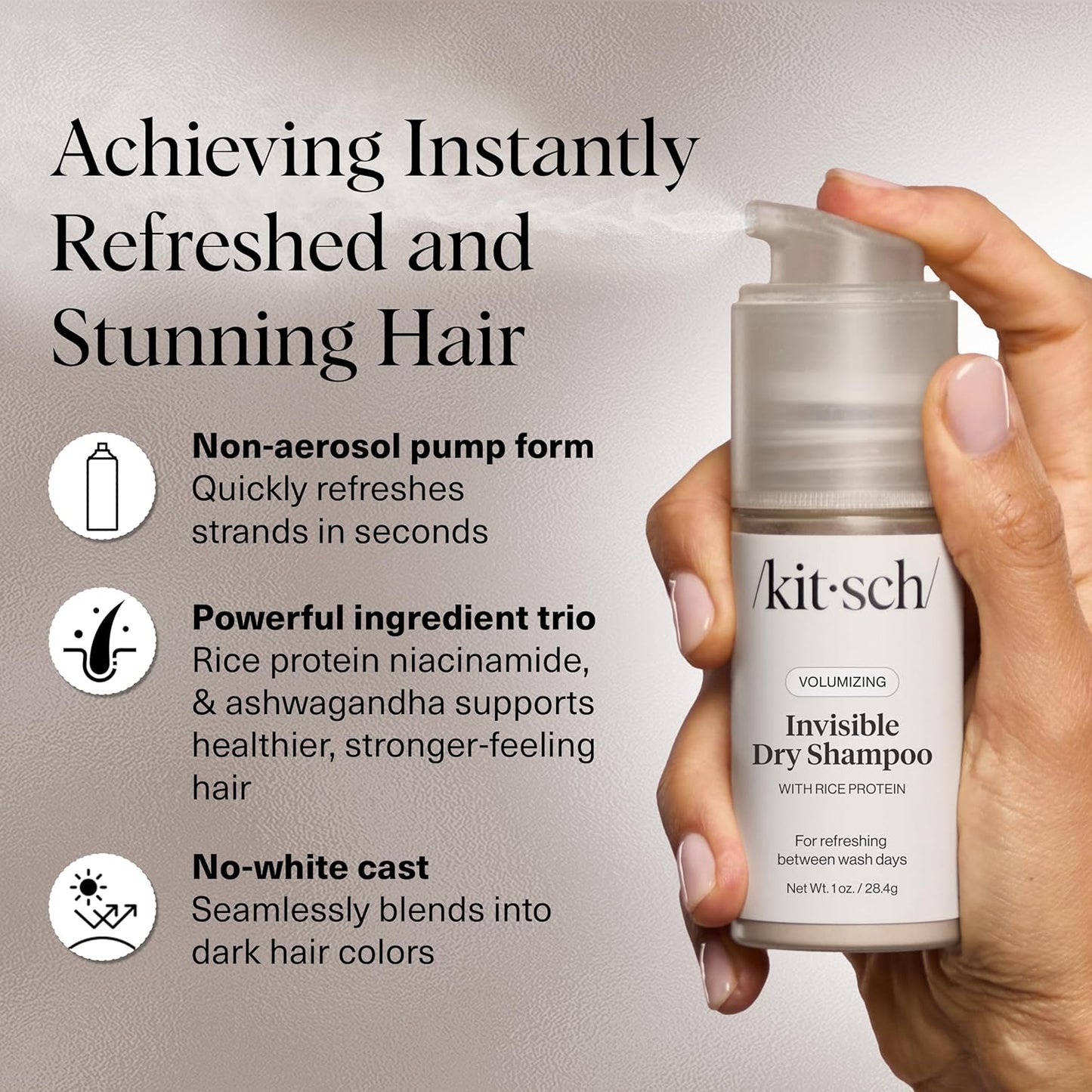 Kitsch Volumizing Rice Protein Dry Shampoo Powder - Dry Shampoo for Women & Men, No White Cast, Absorbs Oil, Non-Greasy, For Light-to-medium Hair Colors, Travel Size in Pump Form - Invisible 1oz