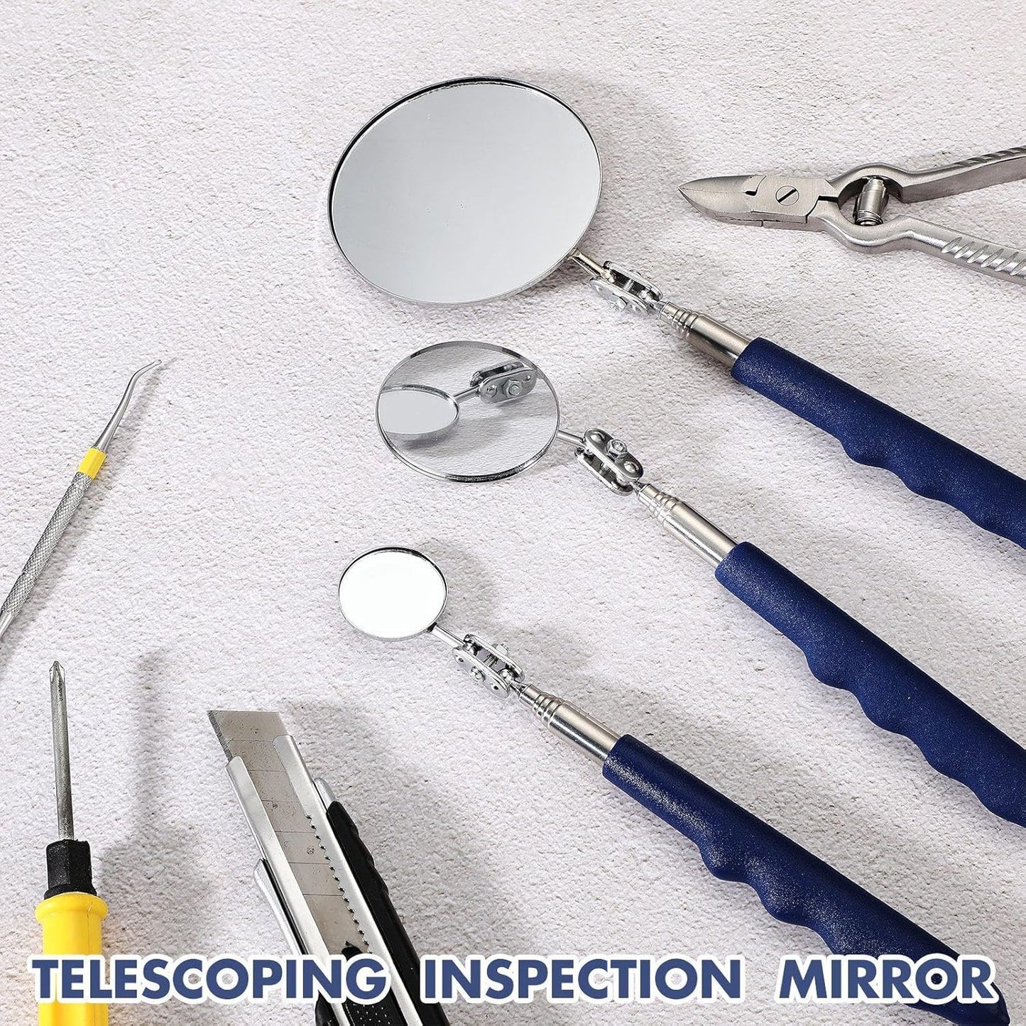 3 Pieces Telescoping Inspection Mirror Stainless Steel Extendable Mechanic Mirror with Long Handle Tool for Technicians Mechanics Contractors (Blue)