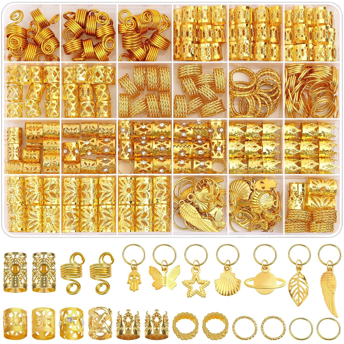 280 Pcs Hair Jewelry for Women, Hair Charms Cuffs Beads for Braids Loc Jewelry for Dreadlocks, Adjustable Gold Braids Coils Rings Decoration for Dreadlock Accessories