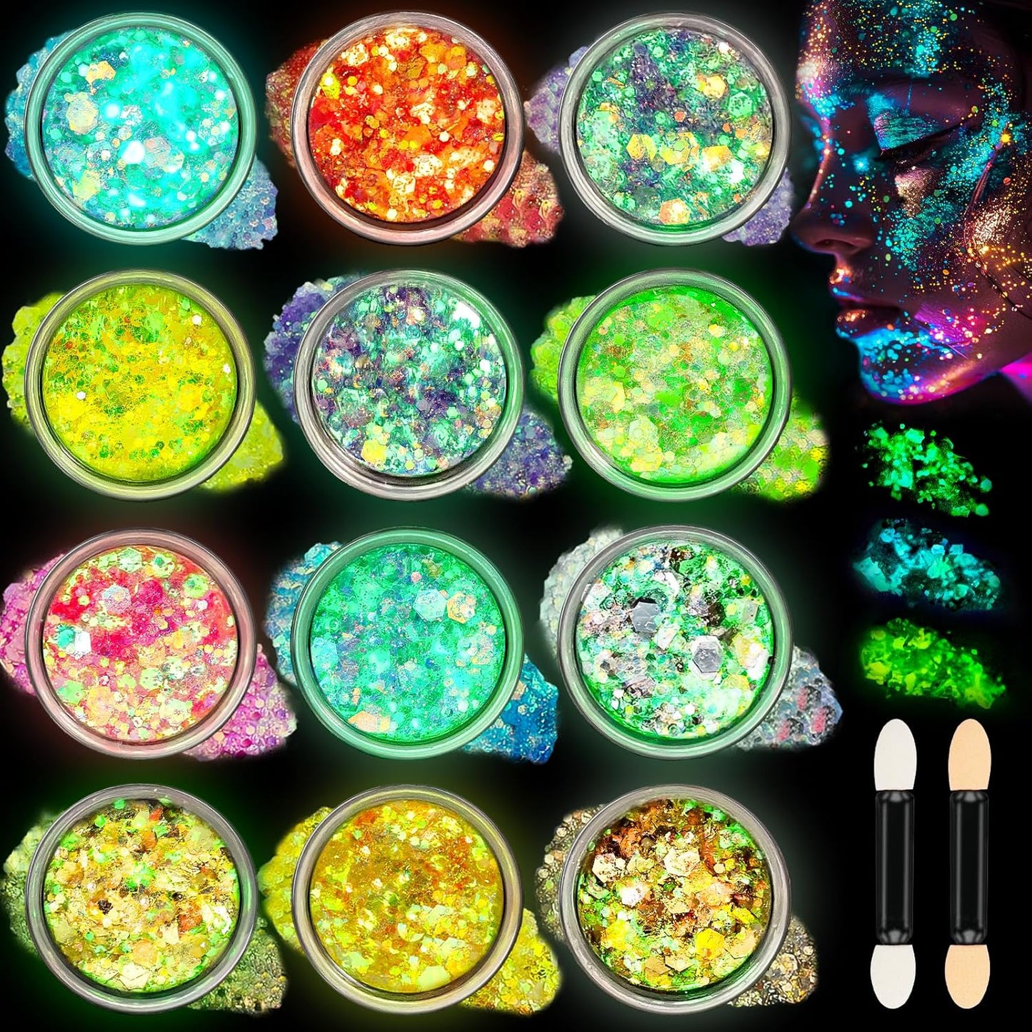 12 Colors Makeup Body Glitter Gel and Face Glitter Gel, Glow in The Dark for Hair and Eyeshadow, UV Black Light for Raves Festivals, Makeup for Women and Kids
