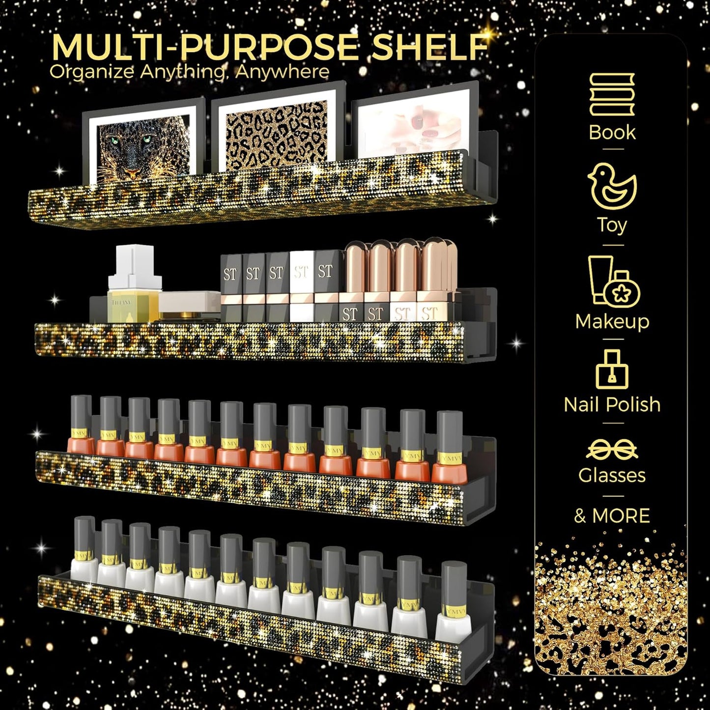 Nail Polish Wall Shelf -15 Inch Acrylic Black with Bling Leopard Print Sparkling Crystal Rhinestone, Essential Oil Organizer, Sunglasses Picture Display, Nail Polish Rack for Bedroom, Studio 4 Pack
