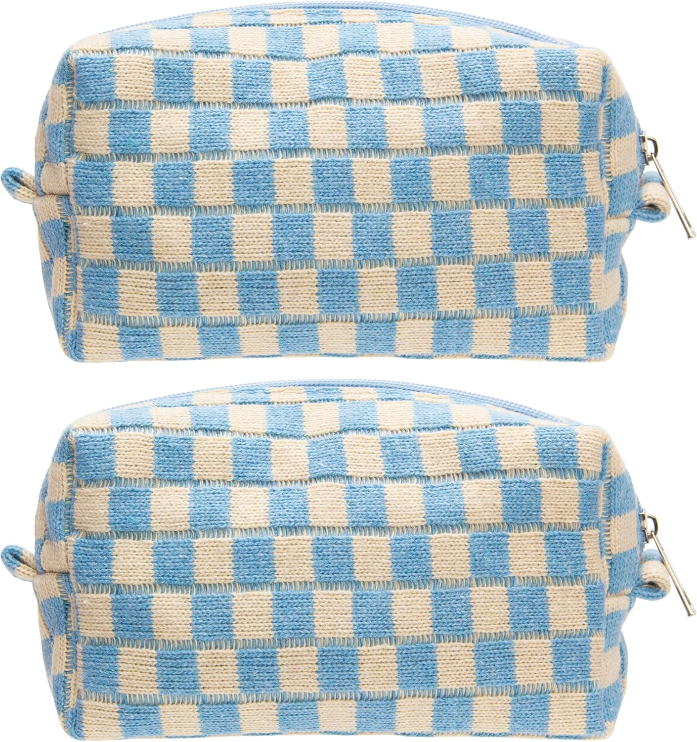 PAZIMIIK 2PCS Checkered Makeup Bag for Purse Portable Zipper Make Up Pouch Small Cosmetic Case for Travel Accessories Blue Beige
