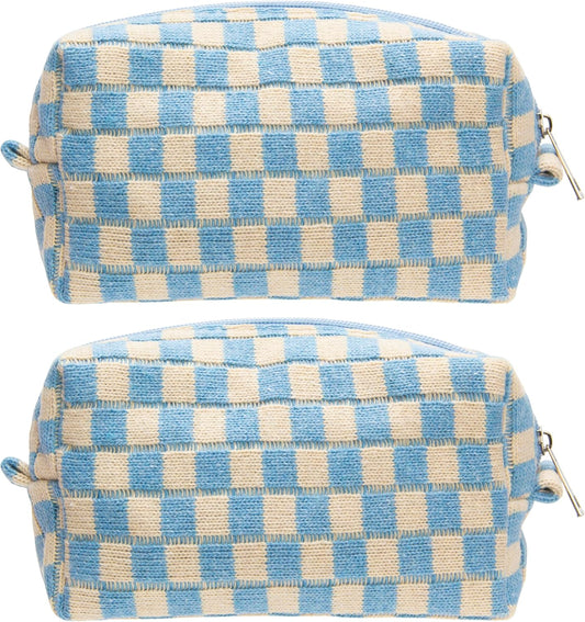 PAZIMIIK 2PCS Checkered Makeup Bag for Purse Portable Zipper Make Up Pouch Small Cosmetic Case for Travel Accessories Blue Beige