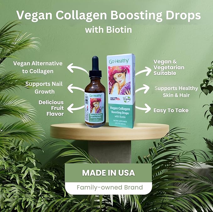 Go Healthy Vegan Collagen & Biotin Liquid Drops for Women & Men - Supports Healthy Hair, Nail & Skin, Boosts Metabolism - Non-GMO, Sugar Free - 60-Day Supply