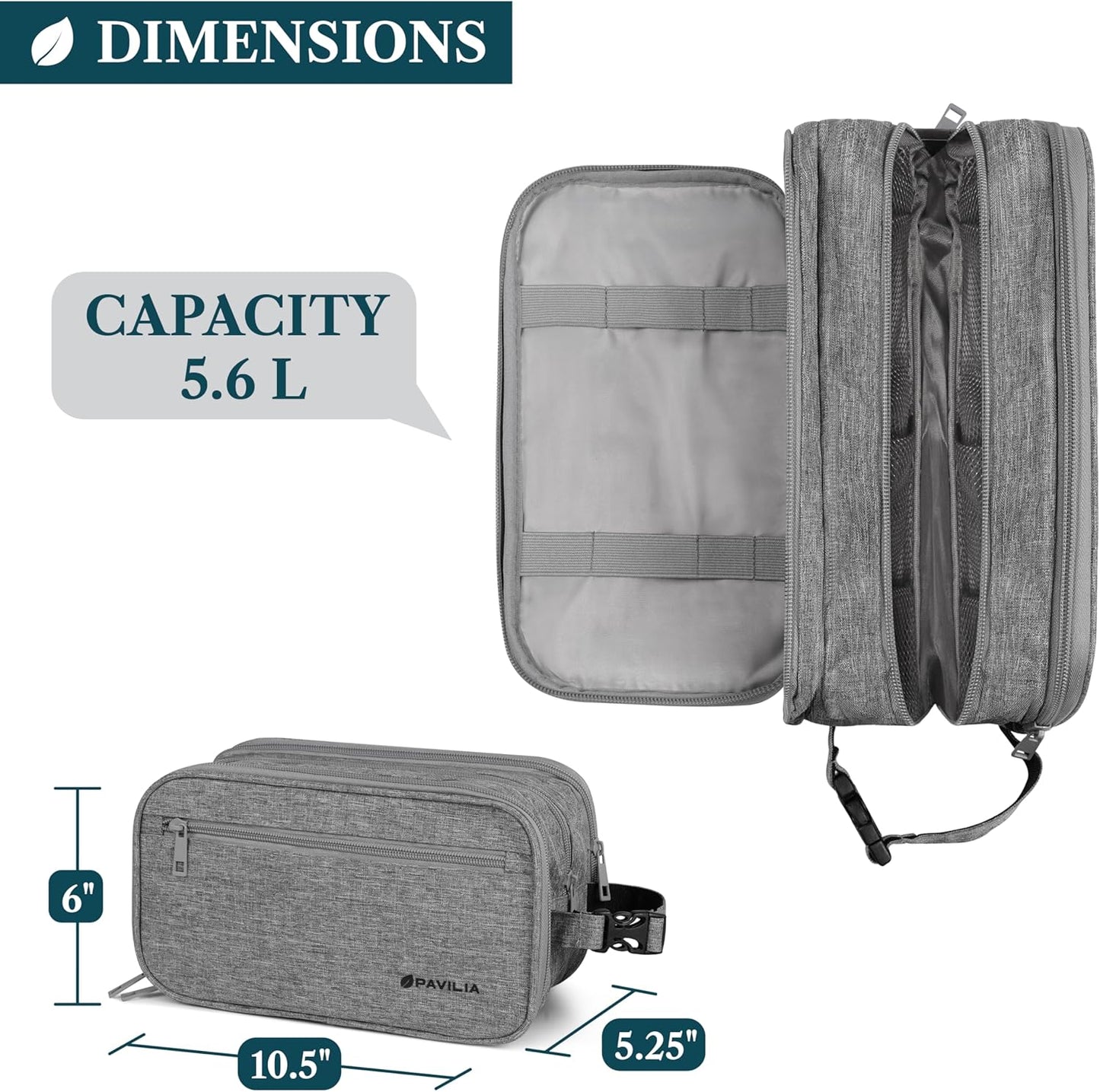 PAVILIA Toiletry Bag for Men, Travel Pouch Essentials Shaving Dopp Kit, Travel Bag Toiletries Organizer Case, Cosmetic Make Up Accessory, Water Resistant