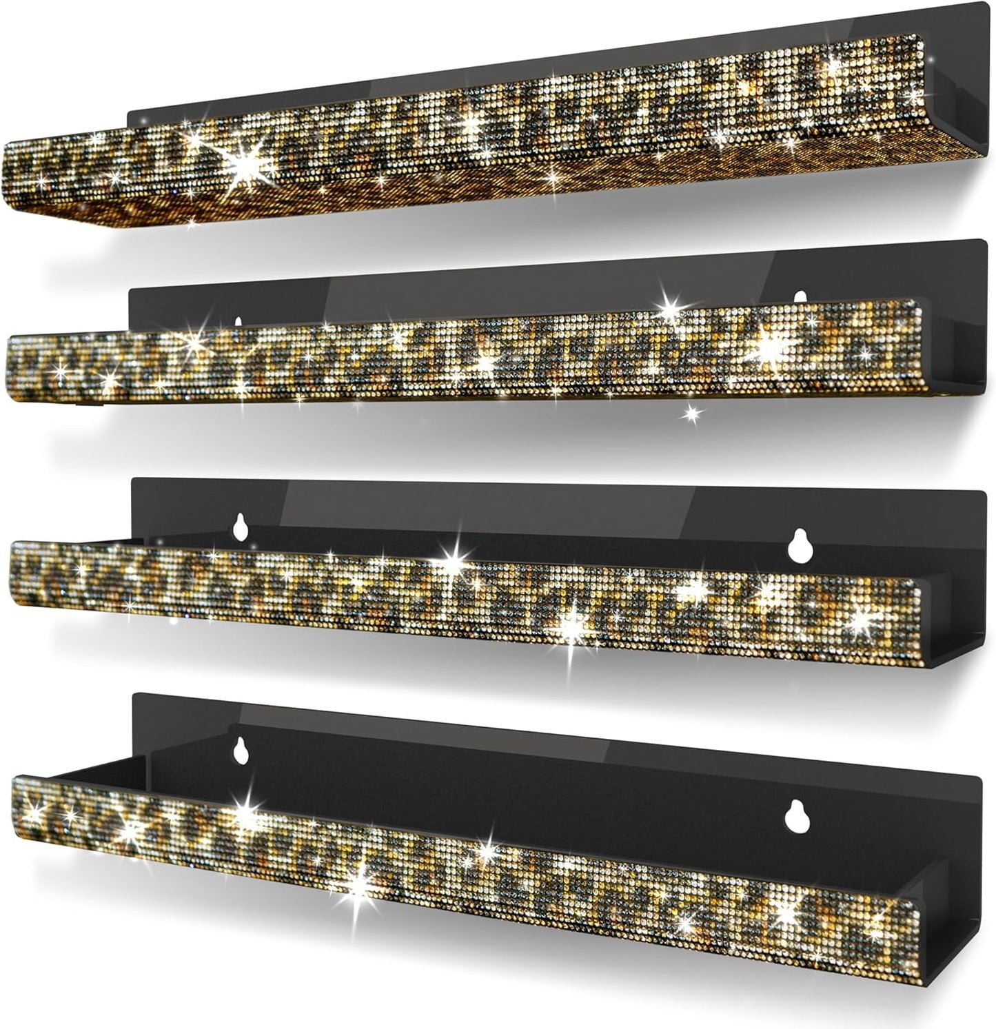 Nail Polish Wall Shelf -15 Inch Acrylic Black with Bling Leopard Print Sparkling Crystal Rhinestone, Essential Oil Organizer, Sunglasses Picture Display, Nail Polish Rack for Bedroom, Studio 4 Pack