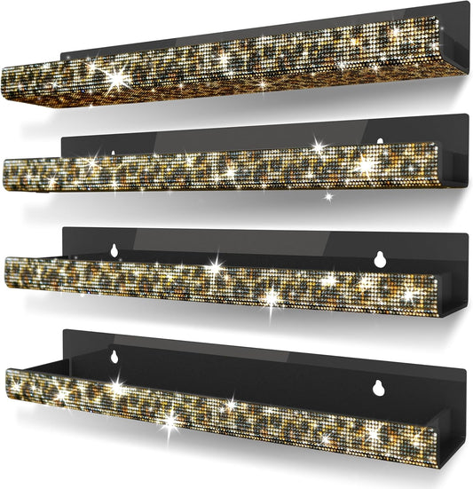 Nail Polish Wall Shelf -15 Inch Acrylic Black with Bling Leopard Print Sparkling Crystal Rhinestone, Essential Oil Organizer, Sunglasses Picture Display, Nail Polish Rack for Bedroom, Studio 4 Pack