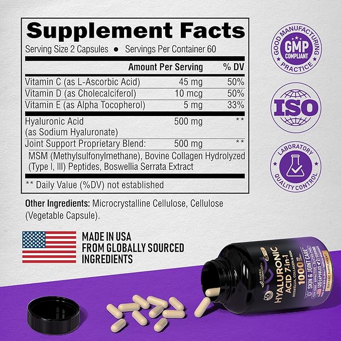 Hyaluronic Acid Supplements 1000 mg - Skin & Joint Hydration, Joint Discomfort Relief - 7-in-1 with Collagen, MSM, Boswellia & Vitamins - Hyaluronic Acid Capsules, Pills - Made in USA - 120 Capsules