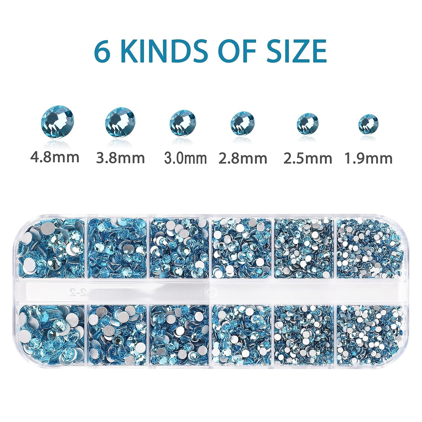2400 Pcs Flatback Gems Rhinestones Round Crystal Nail Gems 6 Sizes (1.5-4.8 mm) Nail Jewels Glass Diamonds Stones Kit with Tweezers and Picking Pen, for Nail Art DIY Craft Eye Makeup (Aquamarine)