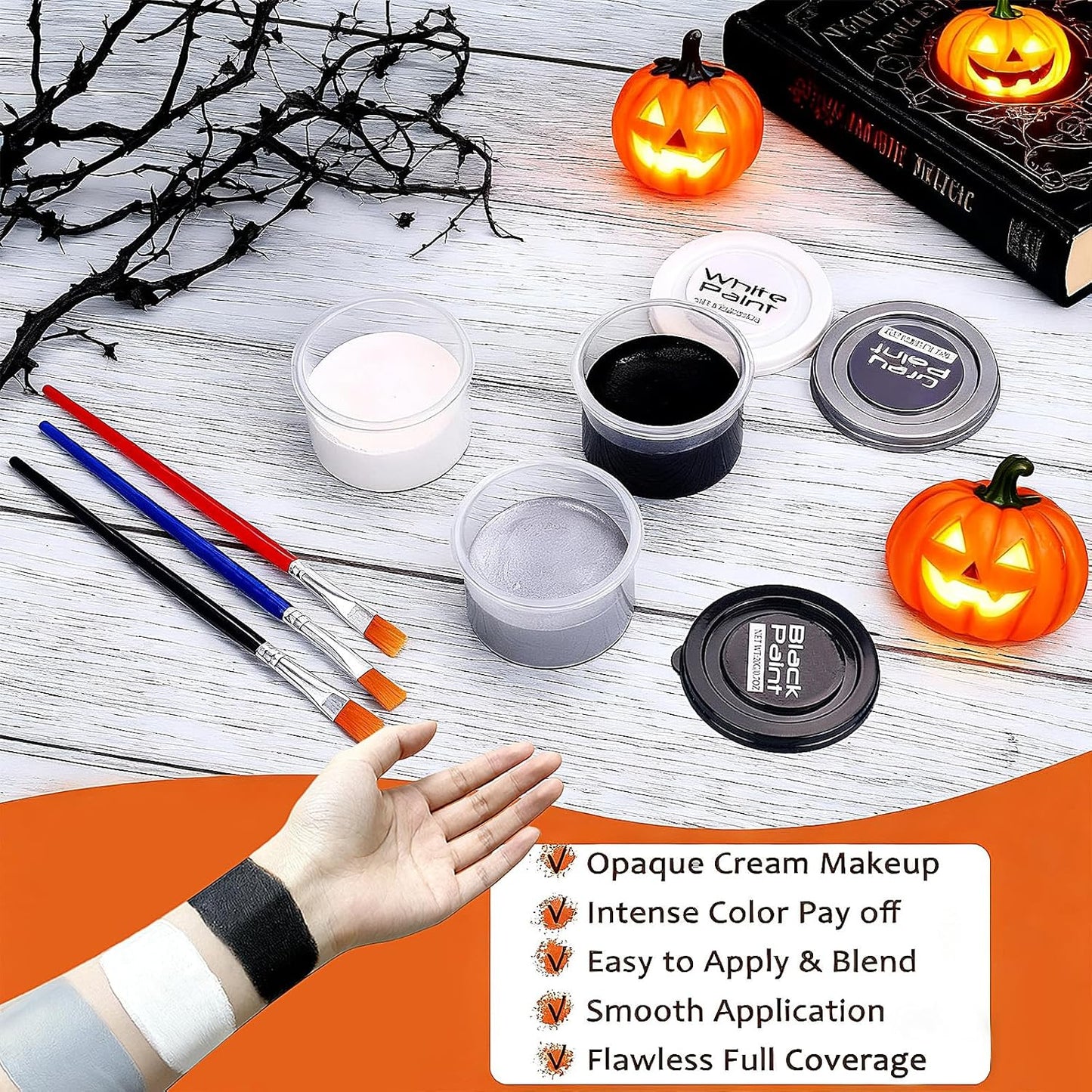 White Black Grey Face Body Paint for Halloween Makeup, Face Paint Kit with Brushes, Non-Irritating, for Adults & Kids, Full-Coverage SFX Makeup Kit for Clown, Zombie, Skeleton, Mime, Cosplay