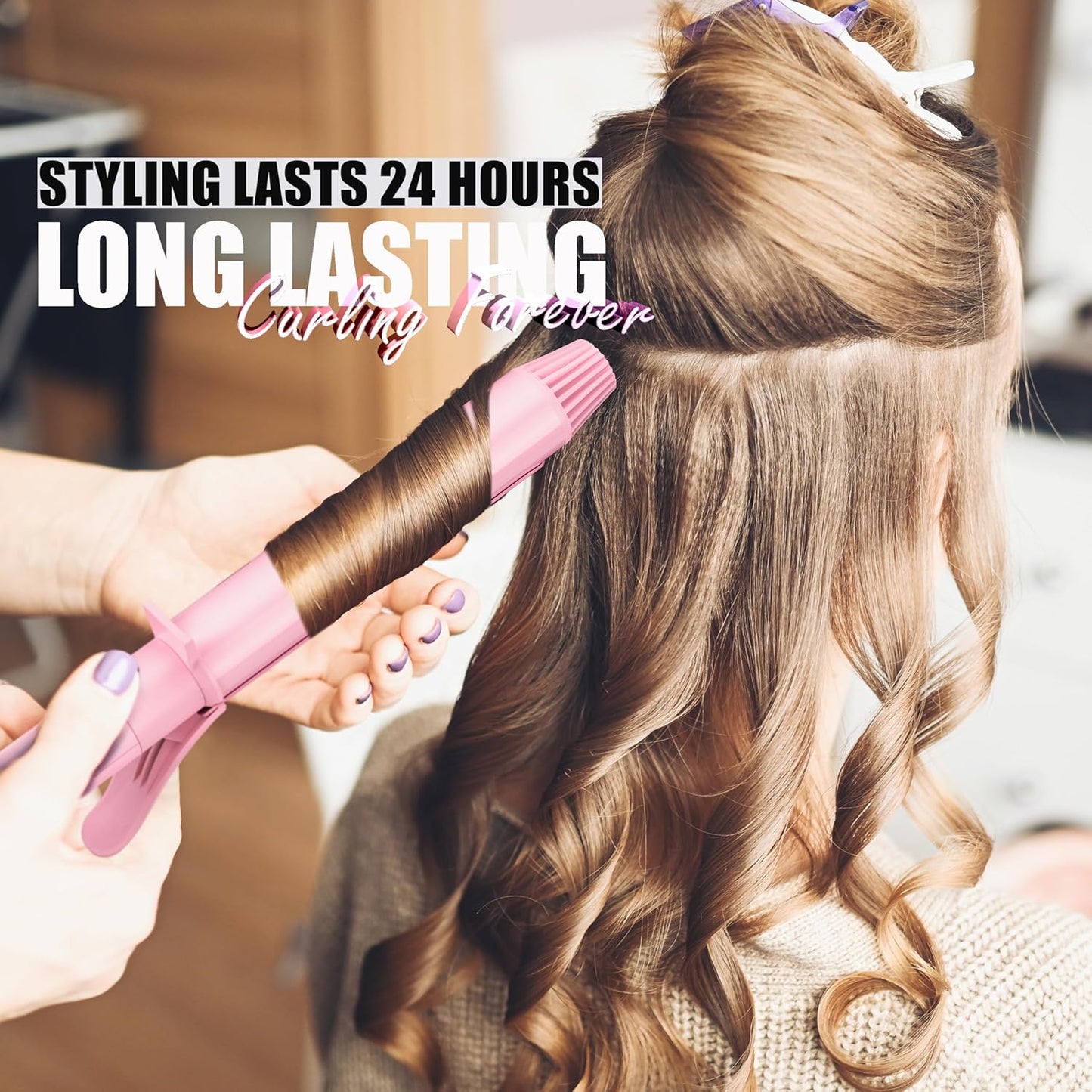 FARERY Long Barrel Curling Iron 1 1/4 inch, 1.25 Inch Curling Iron for Thin Hair, Infused Argan Oil & Keratin, 11 Adjustable Temp, Include Clips & Silicone Pad, Pink