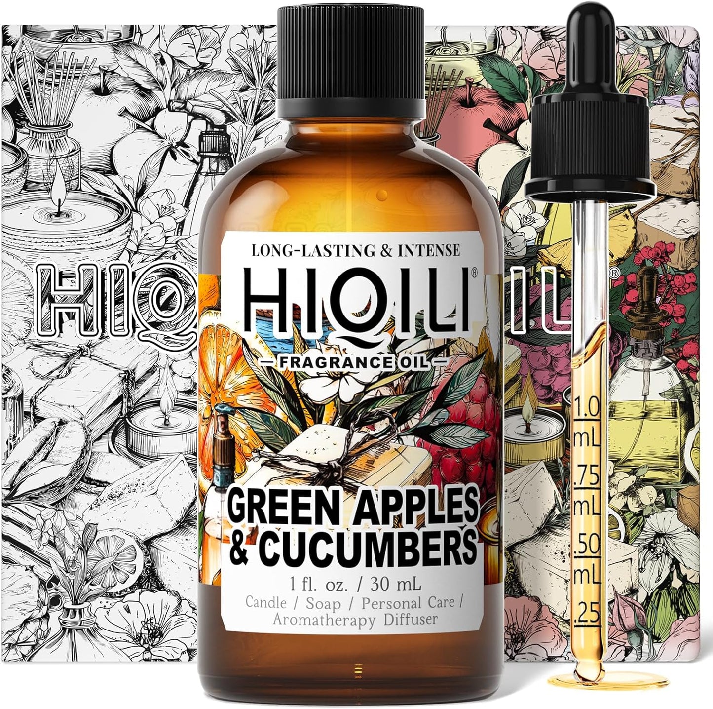 HIQILI Green Apples & Cucumbers Fragrance Oil for Candle, Soap, Perfume Making, Inspired by D.Ka-Ran B.De-Licious, Fresh Scents, Add to Skin & Hair Care Products - 1 Fl Oz