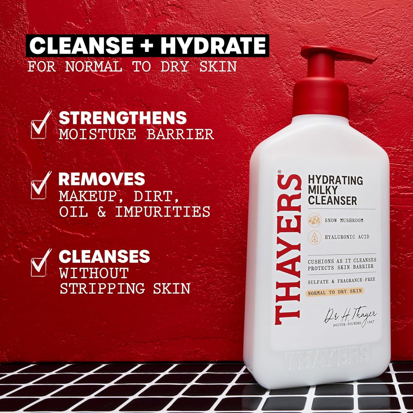 THAYERS Milky Hydrating Face Cleanser with Snow Mushroom, Hyaluronic Acid, Dermatologist Recommended Gentle Facial Wash, Hydrating Skincare for Dry, Sensitive Skin, Paraben Free, 8 FL Oz, Clear