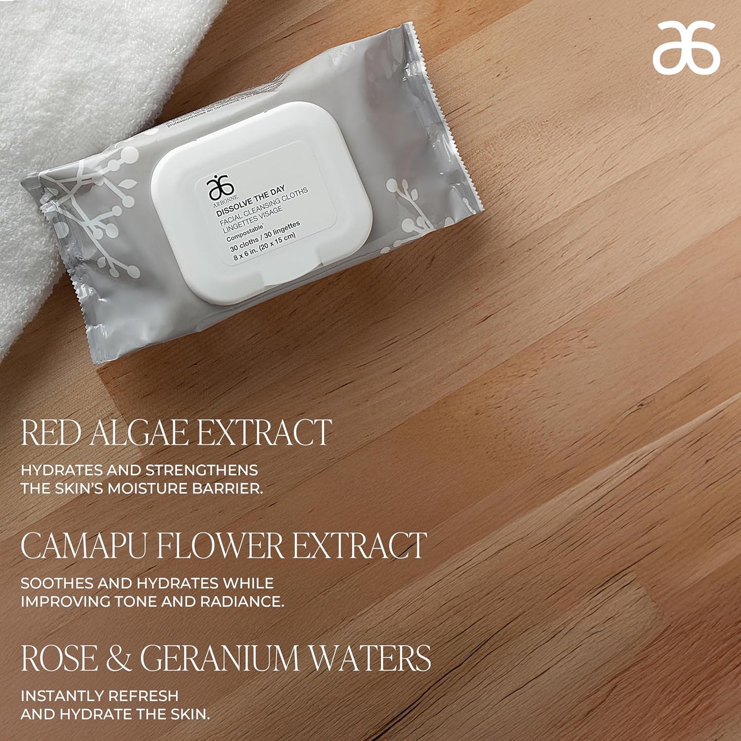 Arbonne Makeup Remover Wipes - Dissolve the Day Facial Cleansing Makeup Wipes for Women, Gentle Cleansing Towelette for Face, Removes Dirt and Sweat