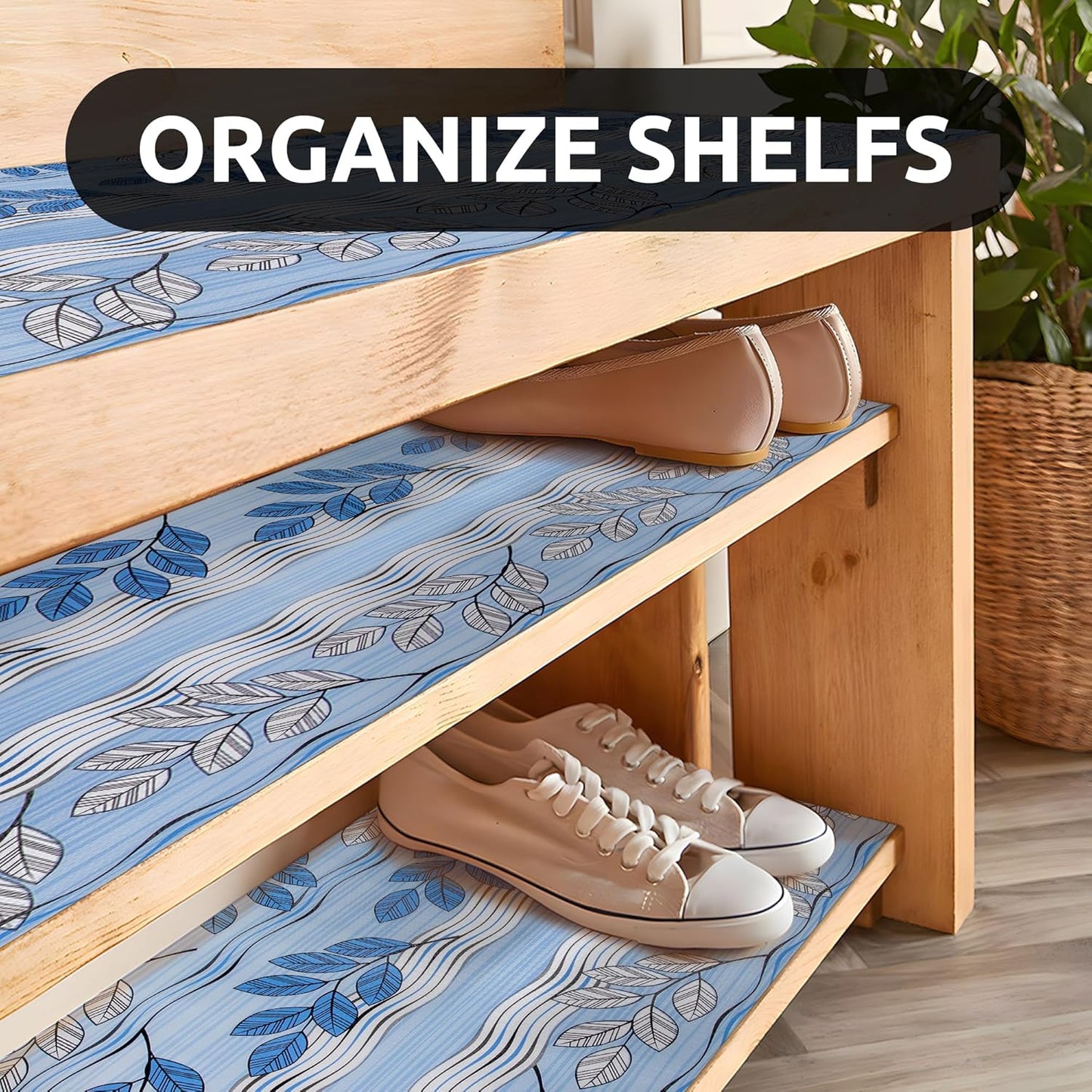 RAY STAR 18X96 Inch Shelf Liner for Kitchen Cabinets, Non-Adhesive Cabinet Liner Washable, PVC Drawer Liner for Dresser Non-Slip Bathroom (Blue Leaf)(1 Roll)