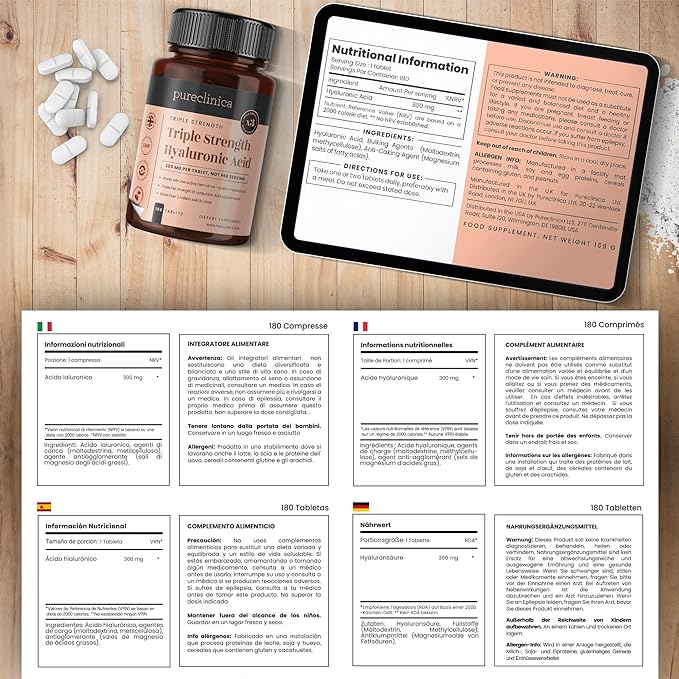 pureclinica Triple Strength Hyaluronic Acid 300mg x 720 Tablets (4 Bottles of 180) - 2 Years Supply