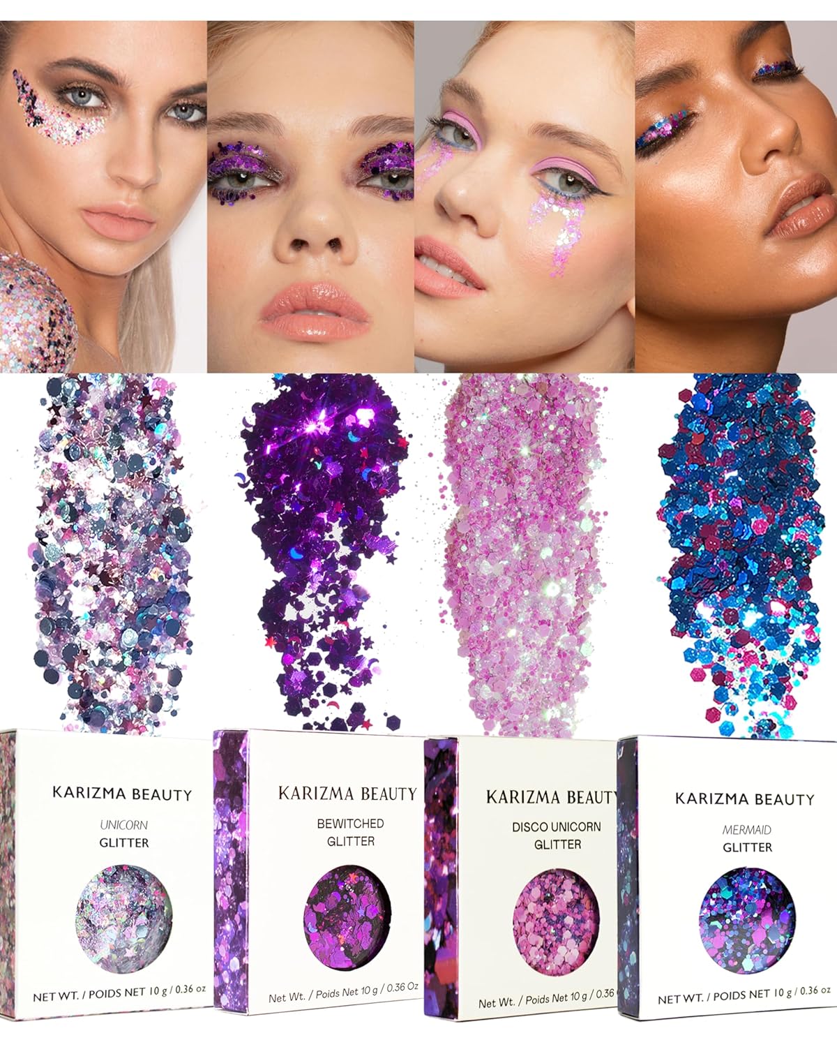 KARIZMA Enchanted Glitter Pack! 4x 10g Chunky Face Glitter, Hair Glitter, Eye Glitter and Body Glitter for Women and Men. Rave Glitter, Festival Accessories and Cosmetic Glitter Makeup.