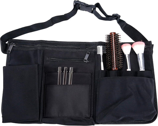 MyGift Professional Black Salon Apron, Makeup Artist Cosmetic Canvas Waist Apron, Multiple Pocket Brush Bag Organizer