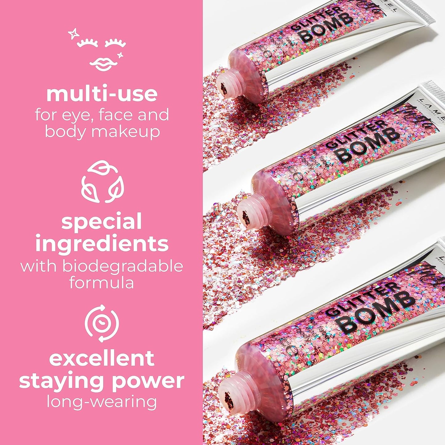 LAMEL Insta Glitter Bomb: Quick-Dry Holographic Face & Body Glitter Gel | Long-Lasting Shine & Effortless Removal | Perfect Face Glitter Makeup & Body, Hair Shimmer | Vegan & Cruelty Free -0.67 fl.oz