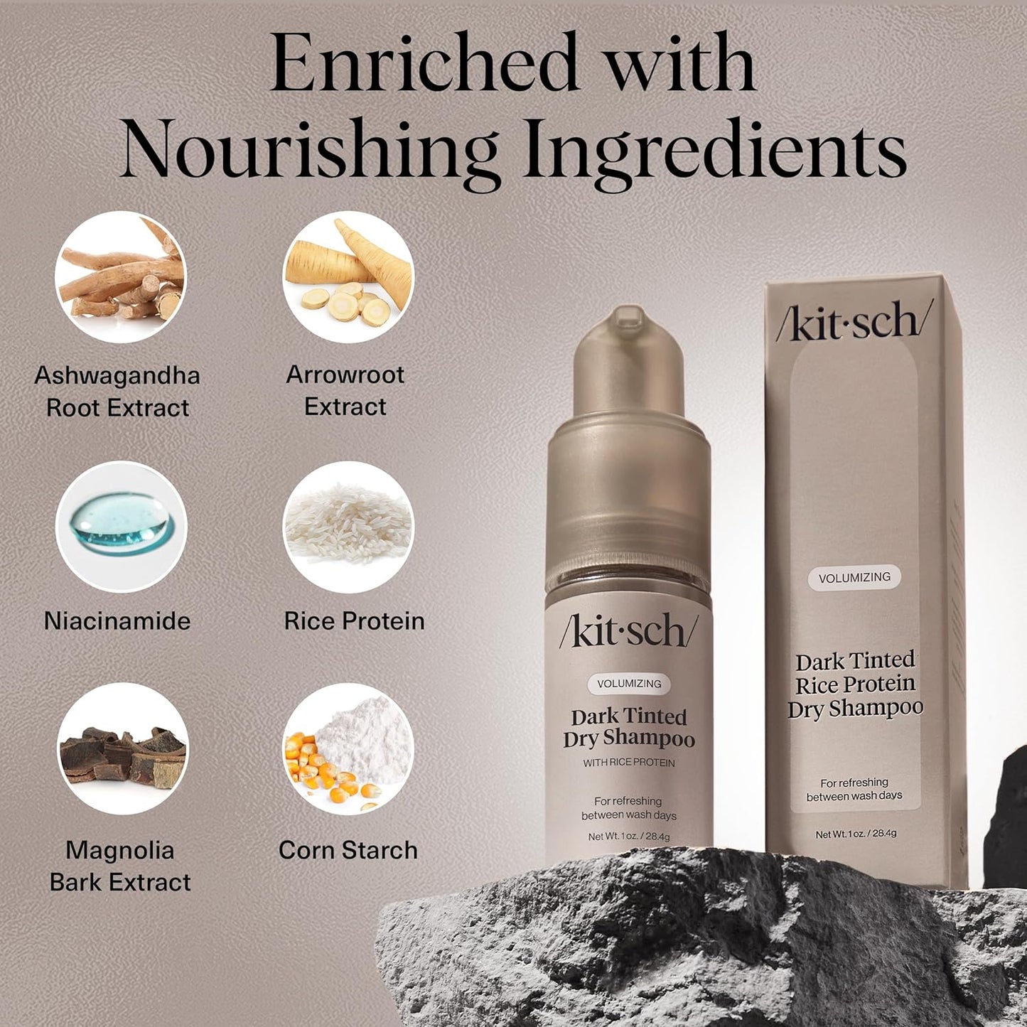 Kitsch Volumizing Rice Protein Dry Shampoo Powder - Dry Shampoo for Women & Men, Dark Hair, No White Cast, Absorbs Oil, Non-Greasy, Fragrance Free, Travel Size in Pump Form - Dark Tinted 1oz