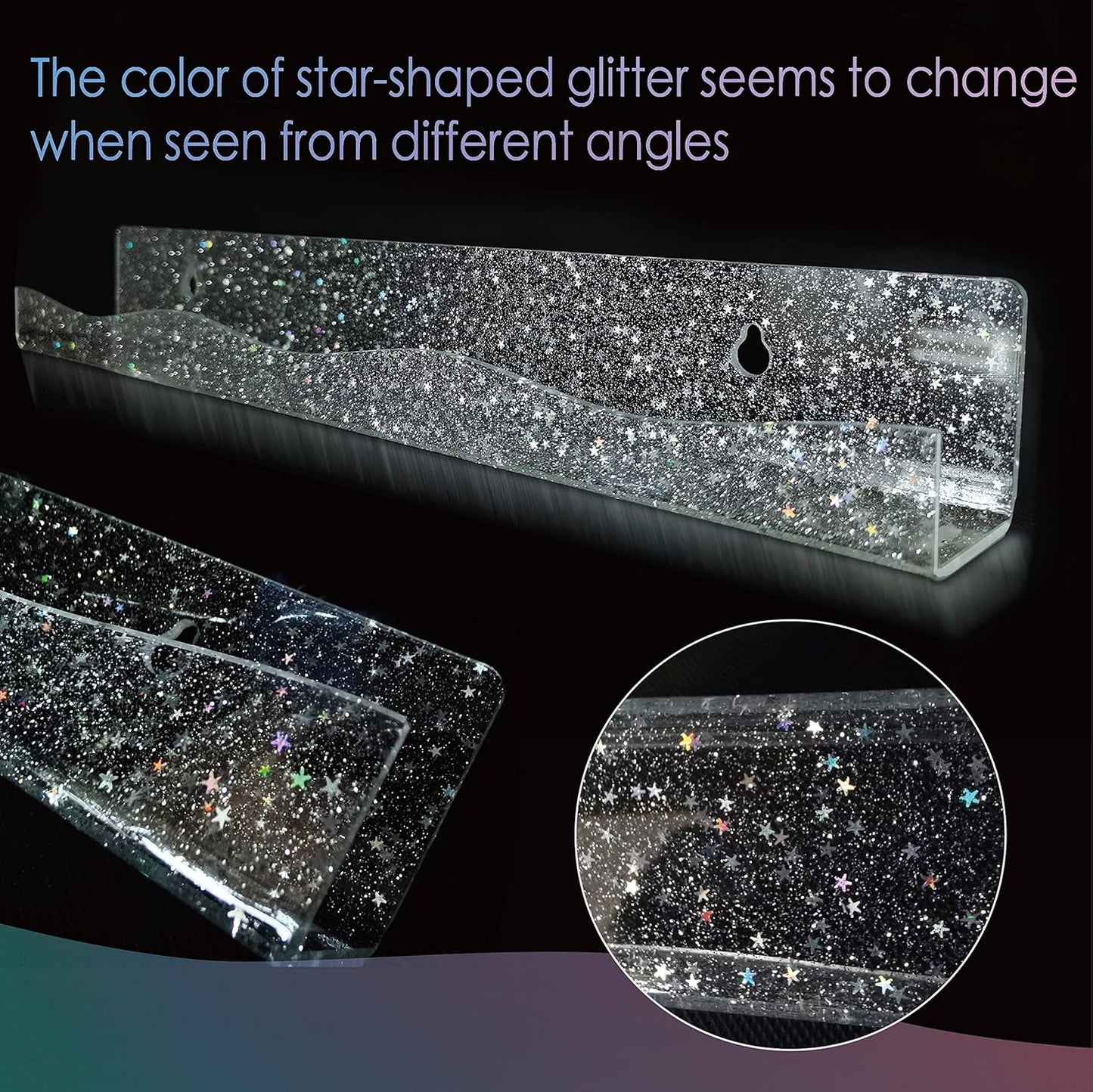 YMVV 15" Nail Polish Rack Wall Mounted Shelf with Iridescent Star Shaped Glitters Sequin Inside,Clear Acrylic Nail Polish Organizer for Nail Techs,Great Display for Salons Retailers（6 Pack）