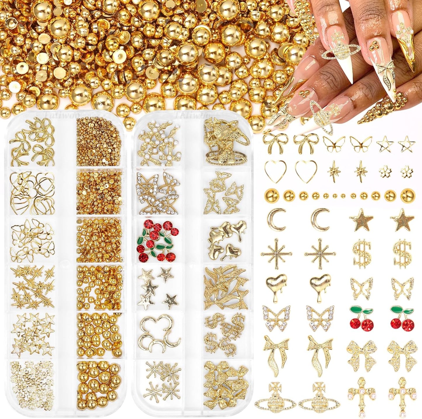 2 Boxes Alloy Gold Nail Charms, 3D Butterfly Star Cherry Nails Gems Charms, Mixed Shapes Golden Bows Heart Star Nail Studs Gold Flatback Pearls Beads for Nails Art Design DIY Accessories