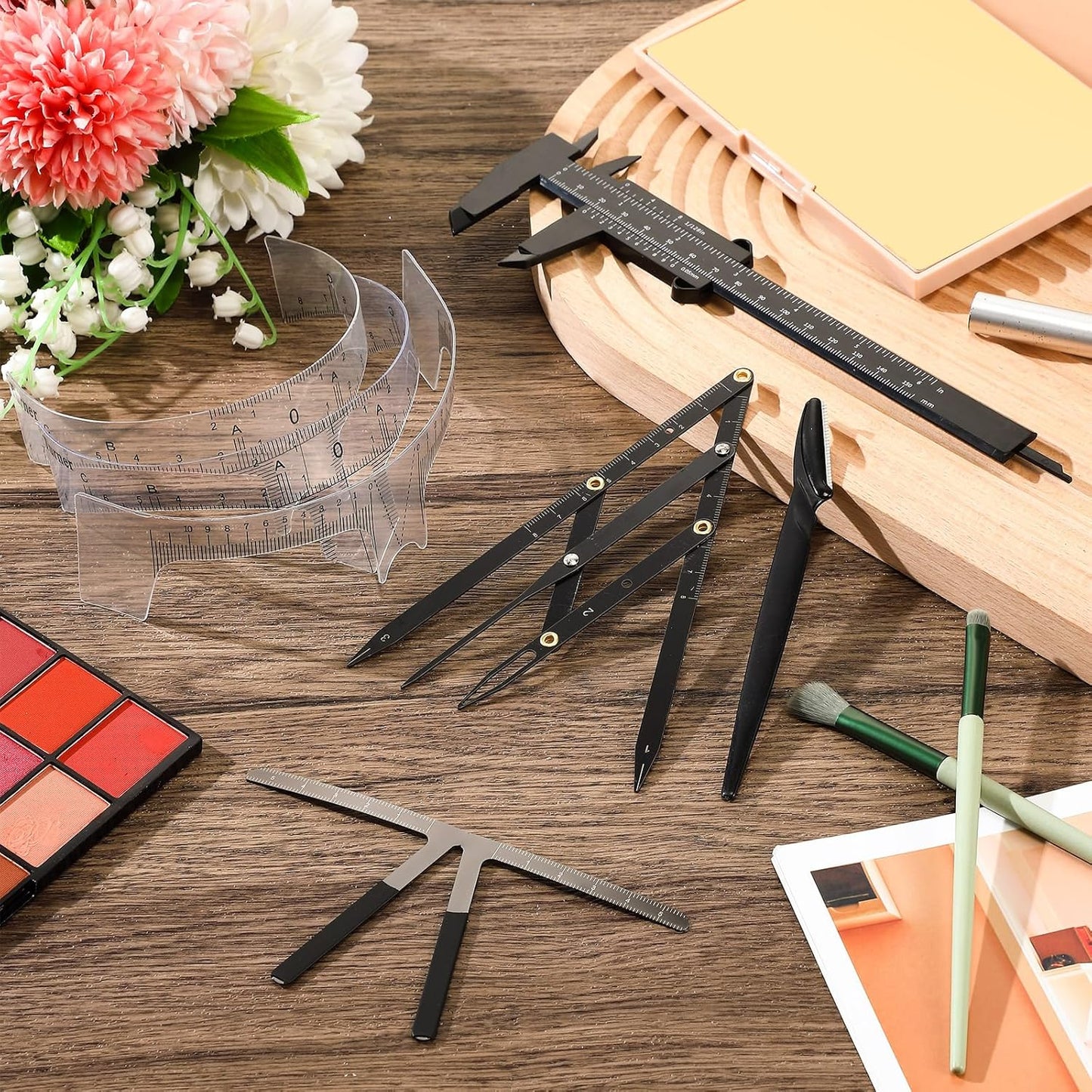 Konohan 11 Pcs Eyebrow Mapping Kit Eyebrow Shaping Tools Eye Brow Measuring Ruler Double Scale Vernier Caliper 3 Point Positioning Ruler Golden Ratio Caliper Brow Trimming Knives(Black)