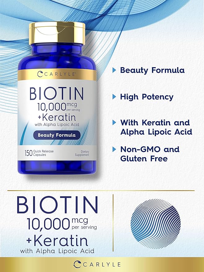 Carlyle Biotin 10000mcg | 150 Capsules | Beauty Formula with Keratin | Non-GMO, Gluten Free Supplement
