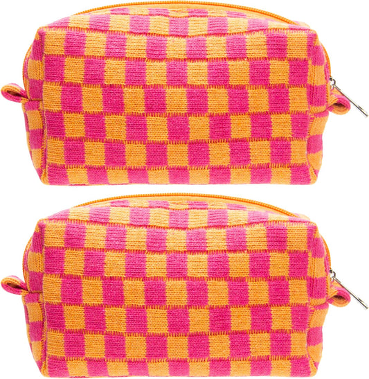 PAZIMIIK 2PCS Checkered Makeup Bag for Purse Portable Zipper Make Up Pouch Small Cosmetic Case for Travel Red Orange