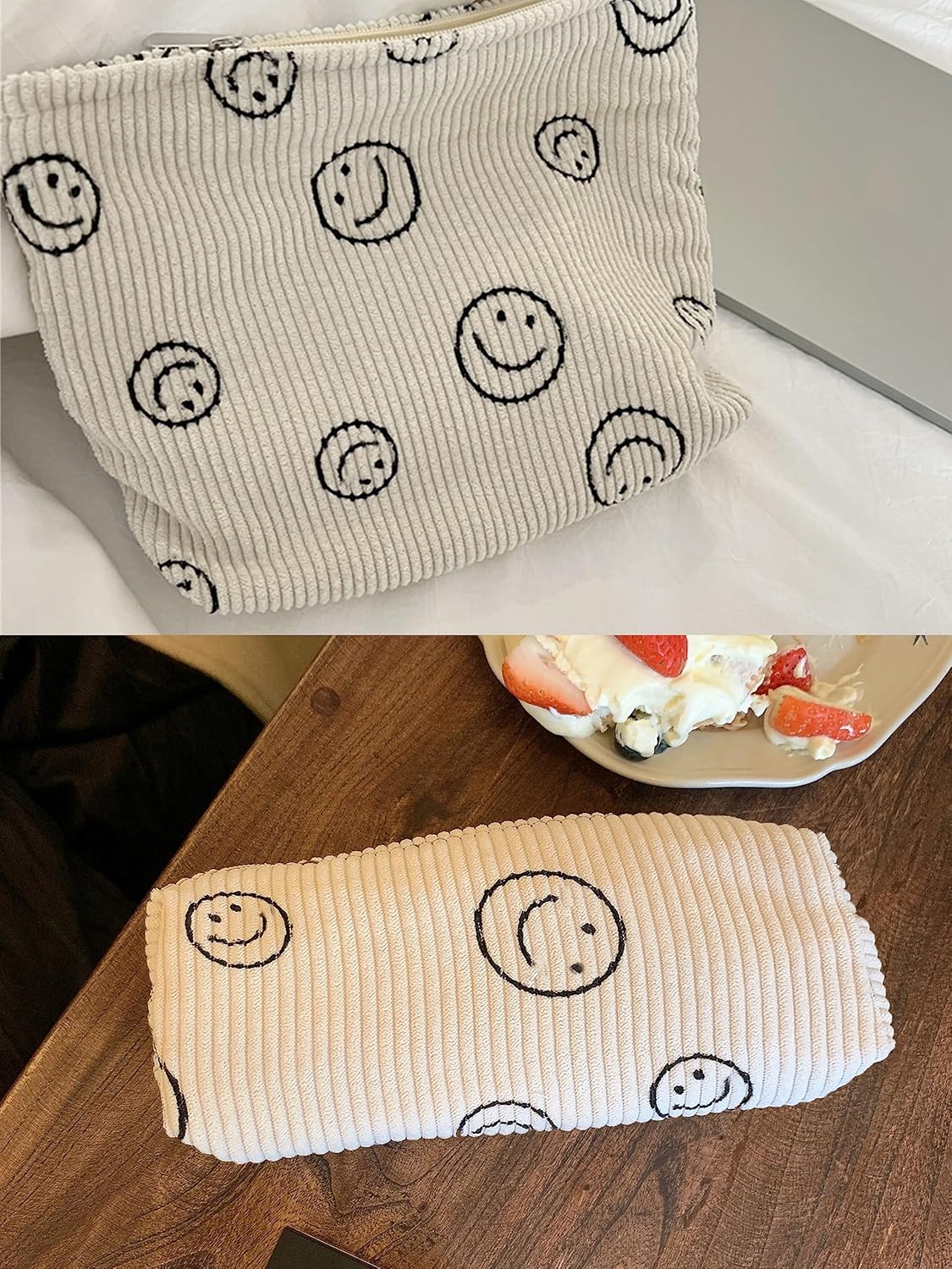 3 Pieces MakeUp Bag Cosmetic Bag,Travel Makeup Bag Set,Cute Smiley Corduroy Make Up Purse with Zipper,Beige White Pencil Pouch,Small Makeup Pouch,Aesthetic Preppy Stuff