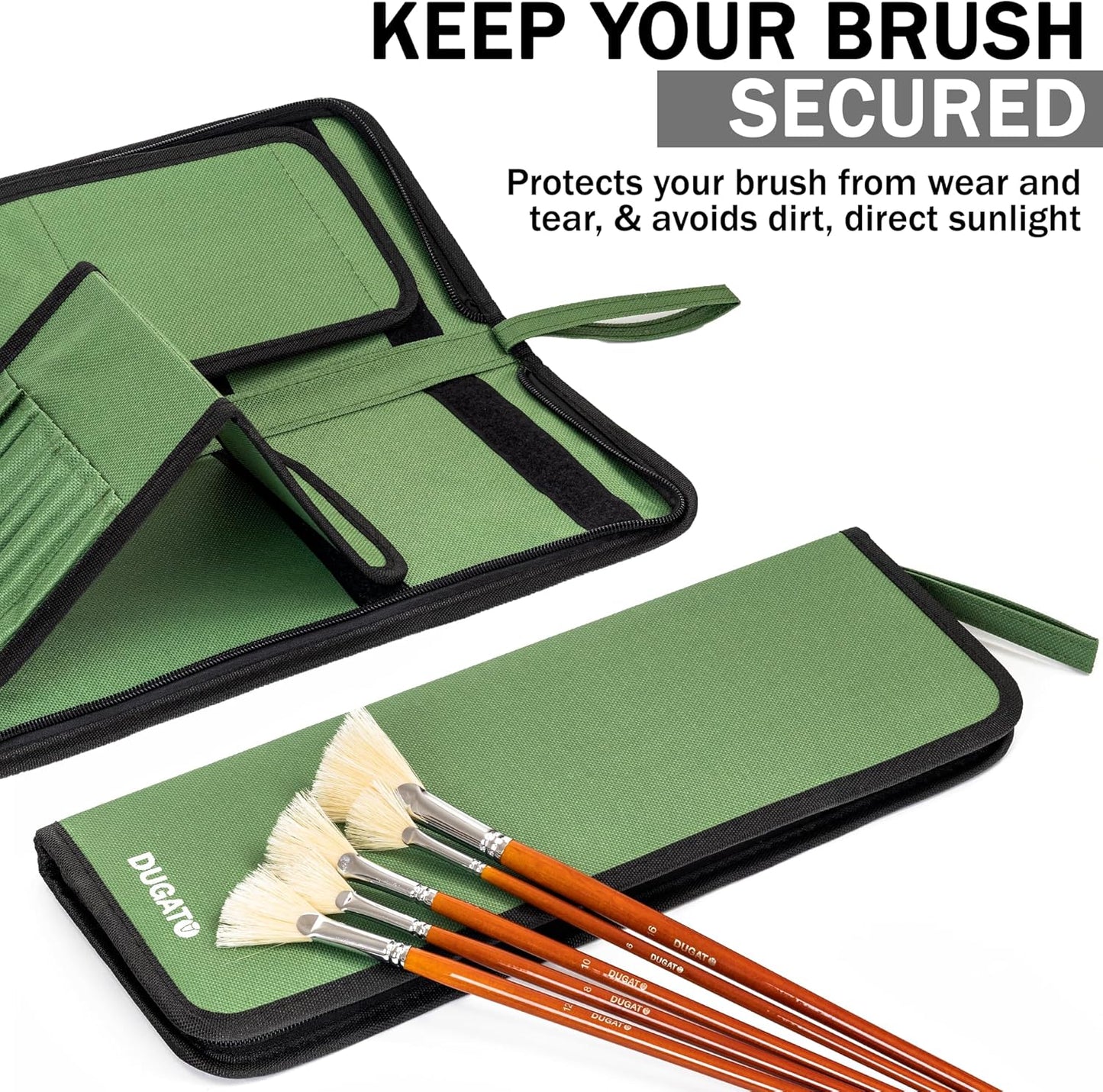 DUGATO Long Canvas Paint Brush Holder Zippered 5.7x14.8 inch, Premium Art Case for Brushes Long Handle up to 13" Length, 15 Slots Storage for Artist (Brush Not Included) - Green