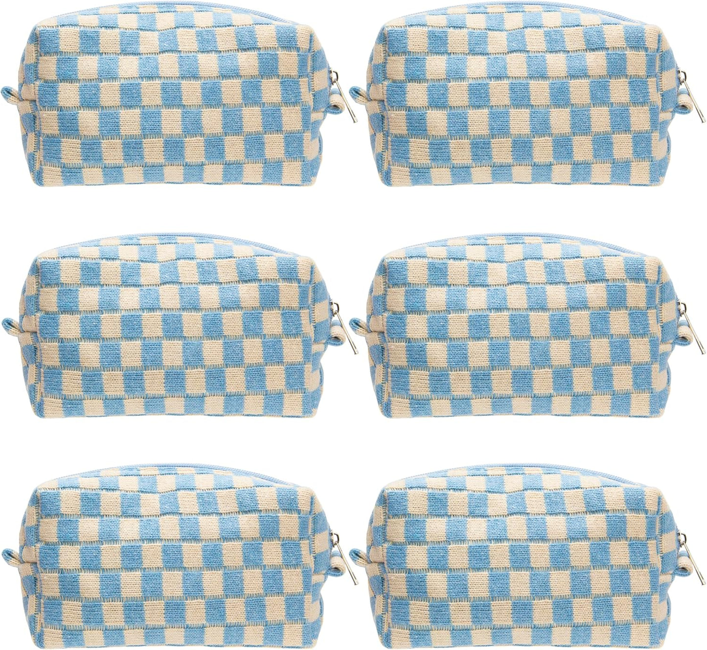 PAZIMIIK 6PCS Checkered Makeup Bag for Purse Portable Zipper Make Up Pouch Small Cosmetic Case for Travel Accessories Blue Beige