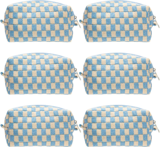 PAZIMIIK 6PCS Checkered Makeup Bag for Purse Portable Zipper Make Up Pouch Small Cosmetic Case for Travel Accessories Blue Beige