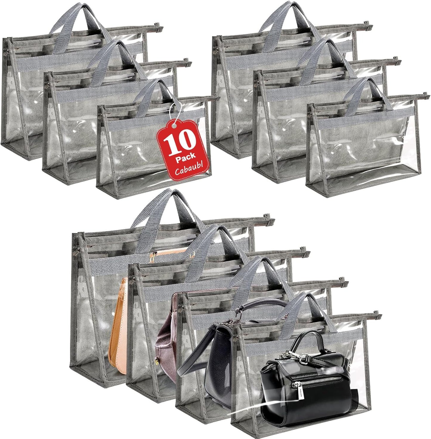 10 Pcs Dust Bags for Handbags,Clear Handbag Storage Organizer,Purse Storage Organizer for Closet,Purse Protector Storage Bag with Zipper Handle and Hooks (Grey)