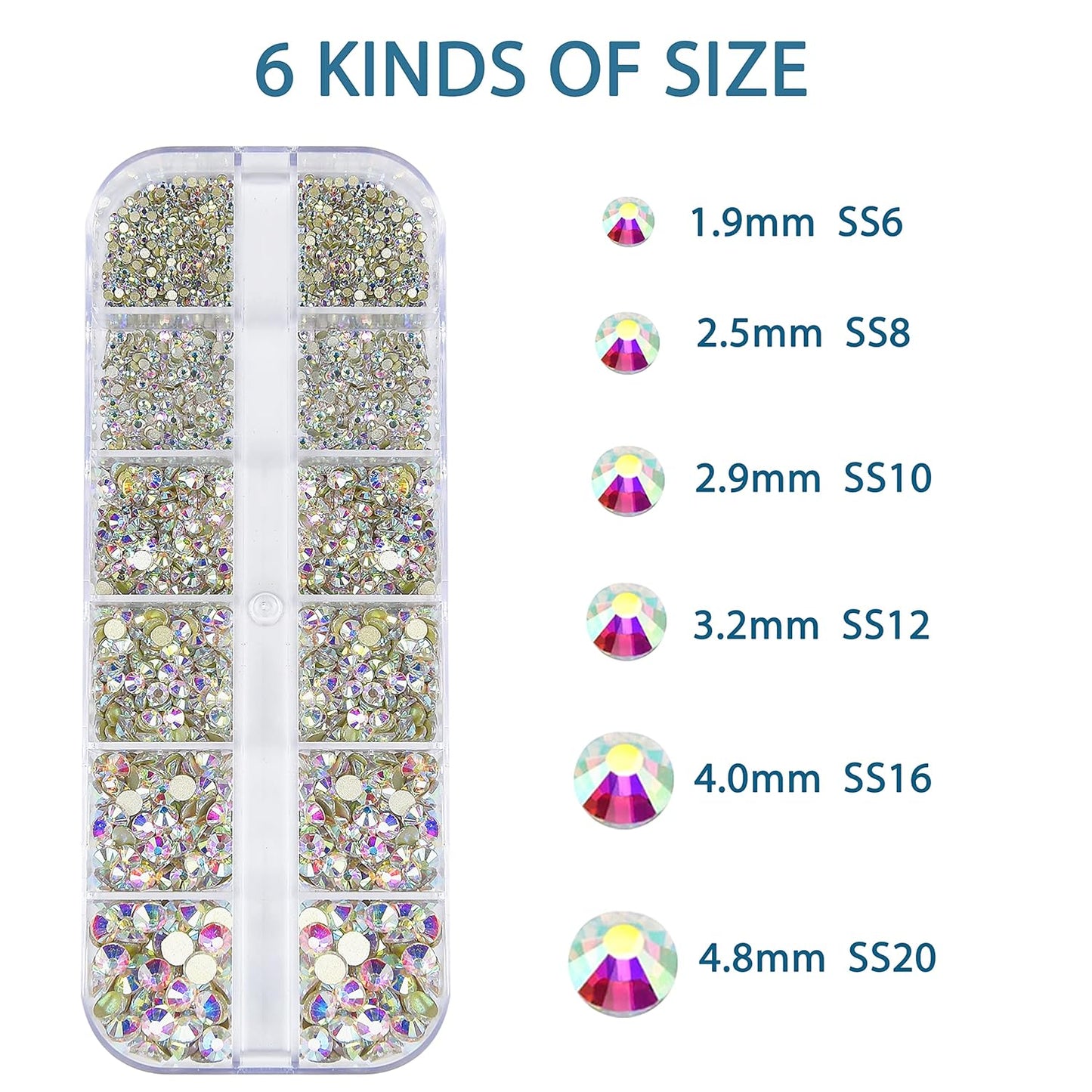 HUETFAT 2400 Pieces Flat Back Gems Round Crystal AB Rhinestones 6 Sizes (1.9-4.5 mm) with Storage Organizer Box Wax Pencil Tweezers for Nail Art Clothes Shoes Bags Crafts DIY （Crystal AB）