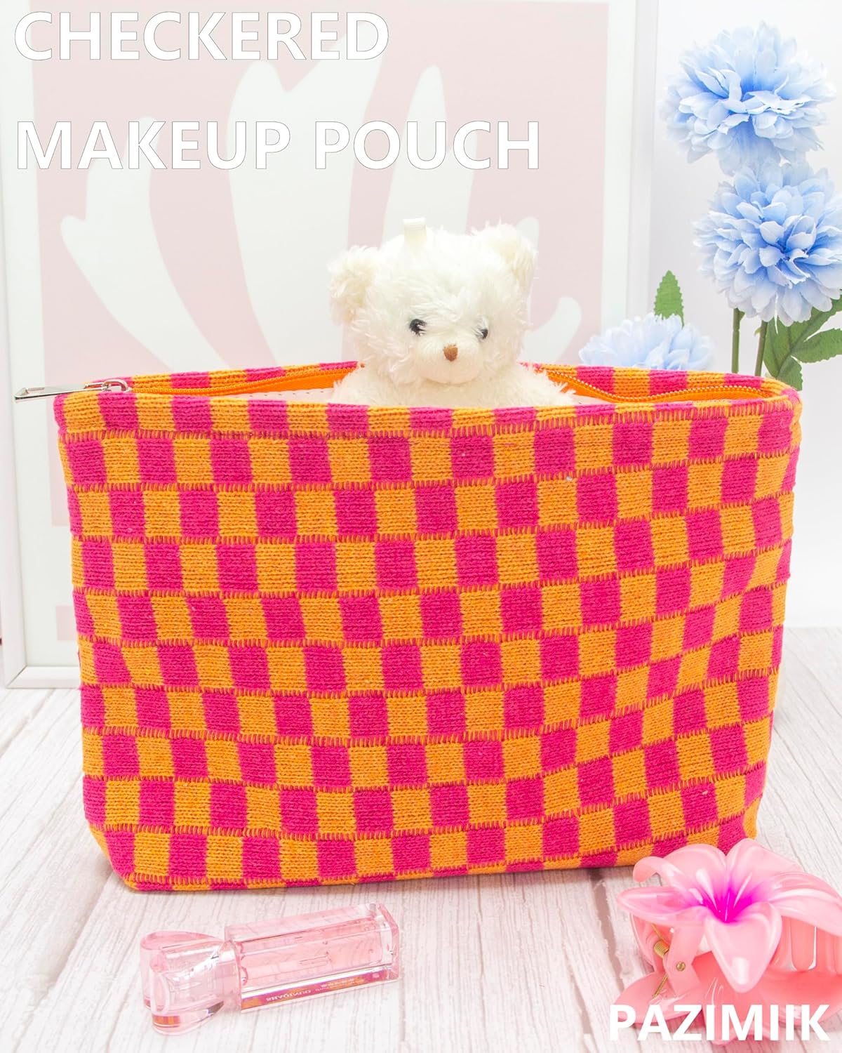 PAZIMIIK Knitted Checkered Makeup Bag Large Zipper Make Up Accessory Pouch for Purse Cosmetic Brush Bag for Travel Red Orange