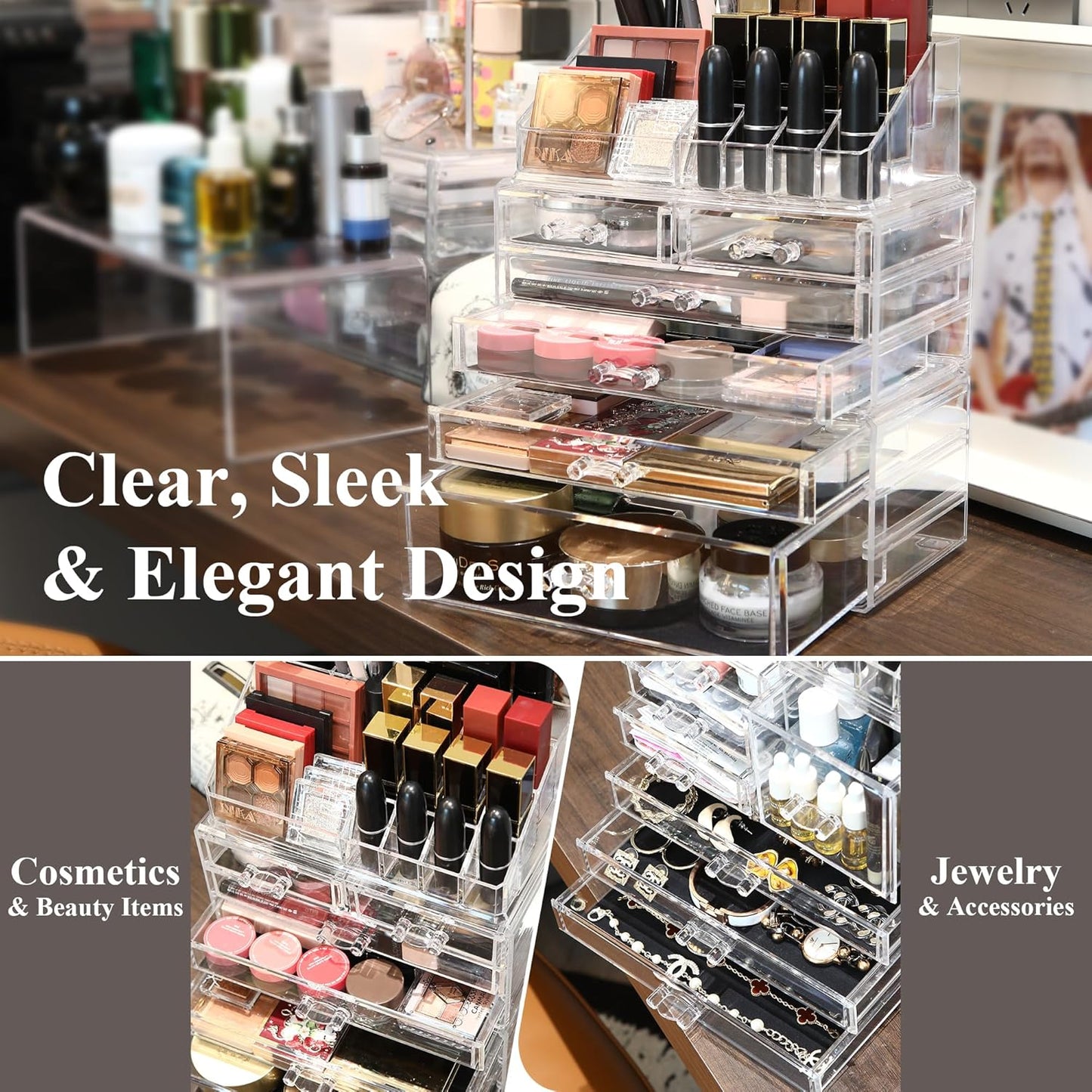 Sea Team 3-Layer Stackable Clear Makeup Organizer with Drawers, Acrylic Plastic Cosmetic Display Case, Jewelry Storage Box for Dresser, Bathroom, Vanity, Countertop (6 Drawers, 1 Lipstick Holder)