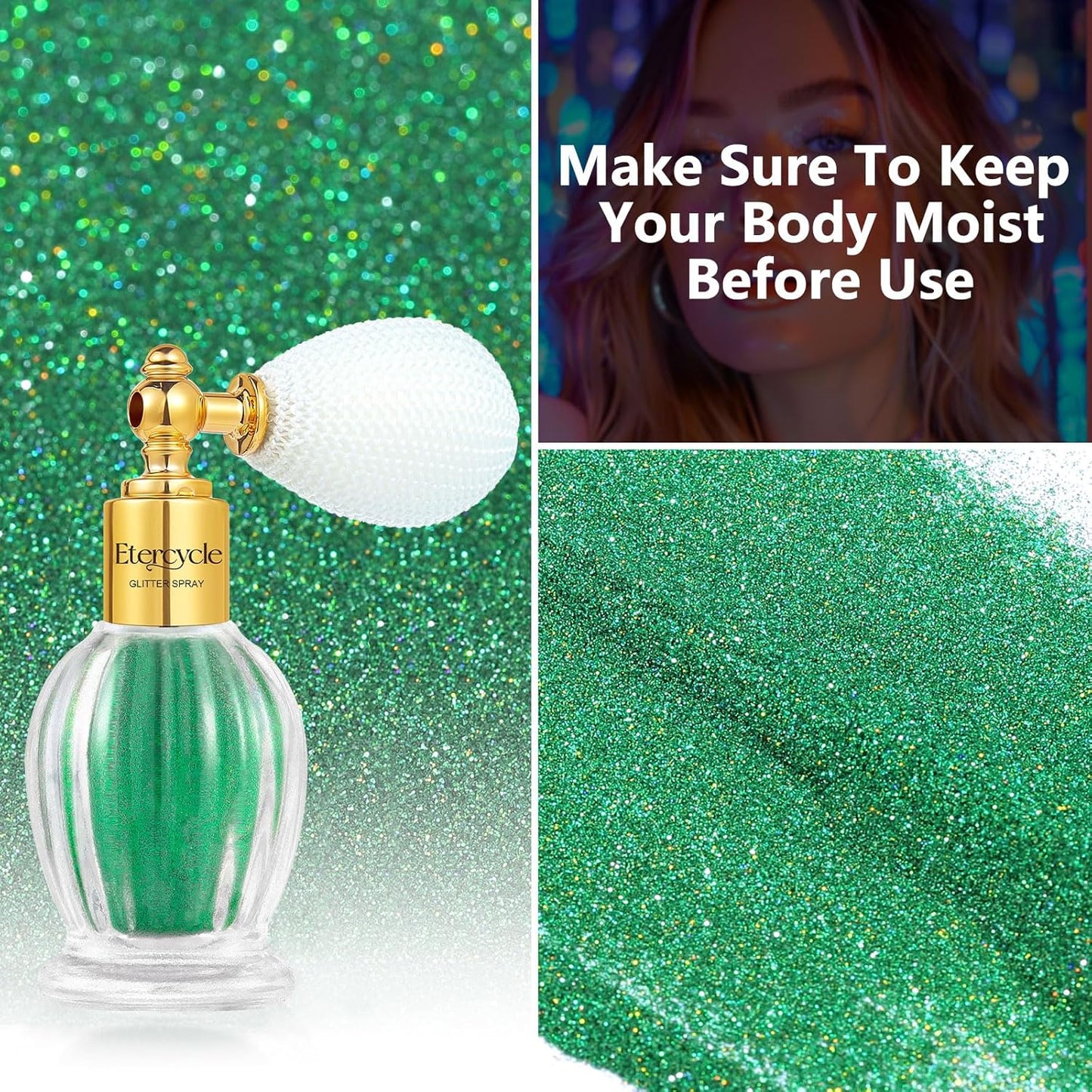 Etercycle Body Shimmer Spray, Green Hair Glitter Spray Sparkly Gifts, Face Glitter for Women Longwear and Quick Drying Fine Glitter Makeup for Y2K Accessories, Party, Stage Shows, Nightclubs, Bar