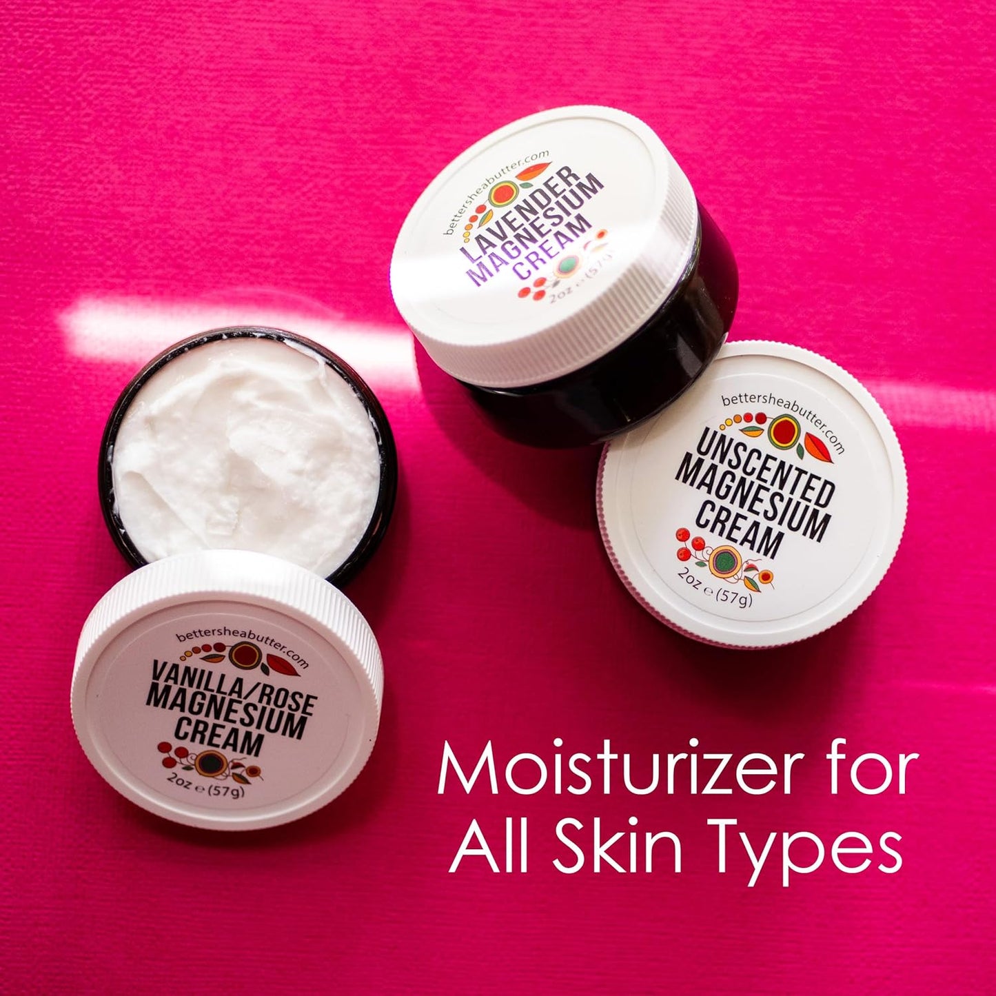 Better Shea Butter Magnesium Cream Variety Pack | for Leg Cramps | Vanilla Rose, Unscented and Lavender Travel Size Lotion Minis for Women and Men | Safe for Pregnancy, Kids & Babies 3 x 2oz Jars