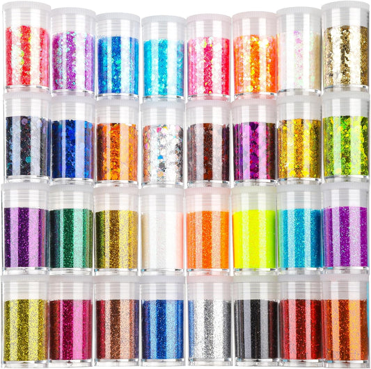Teenitor Fine Glitters and Holographic Chunky Glitters for Nails, Assorted Glitter Slime, Festival Glitter for Nail Face Hair Body , Glitter for Resin Tumblers, 16+16pcs