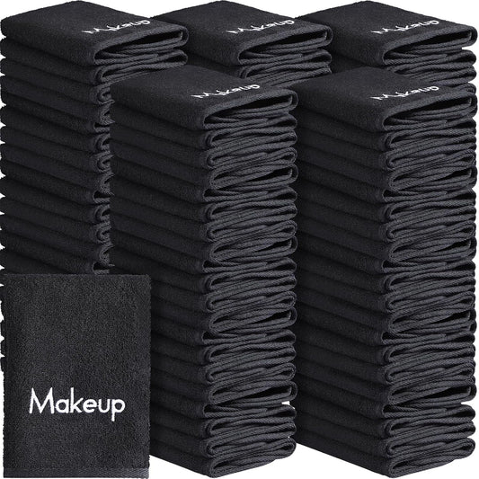 Chumia 100 Pcs Makeup Remover Cloths 13 x 13 Inch Makeup Towel Face Washcloths with Embroidery Black Reusable Washcloths Soft Cleansing Face Towel for Women
