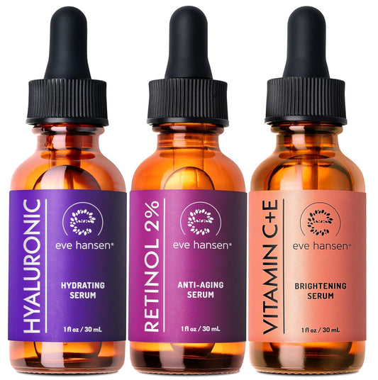 Eve Hansen Facial Serum Set | Vitamin C Serum, Hyaluronic Acid Serum, Retinol Serum | Hydrating and Anti-Aging Serum Set | 3x1 oz