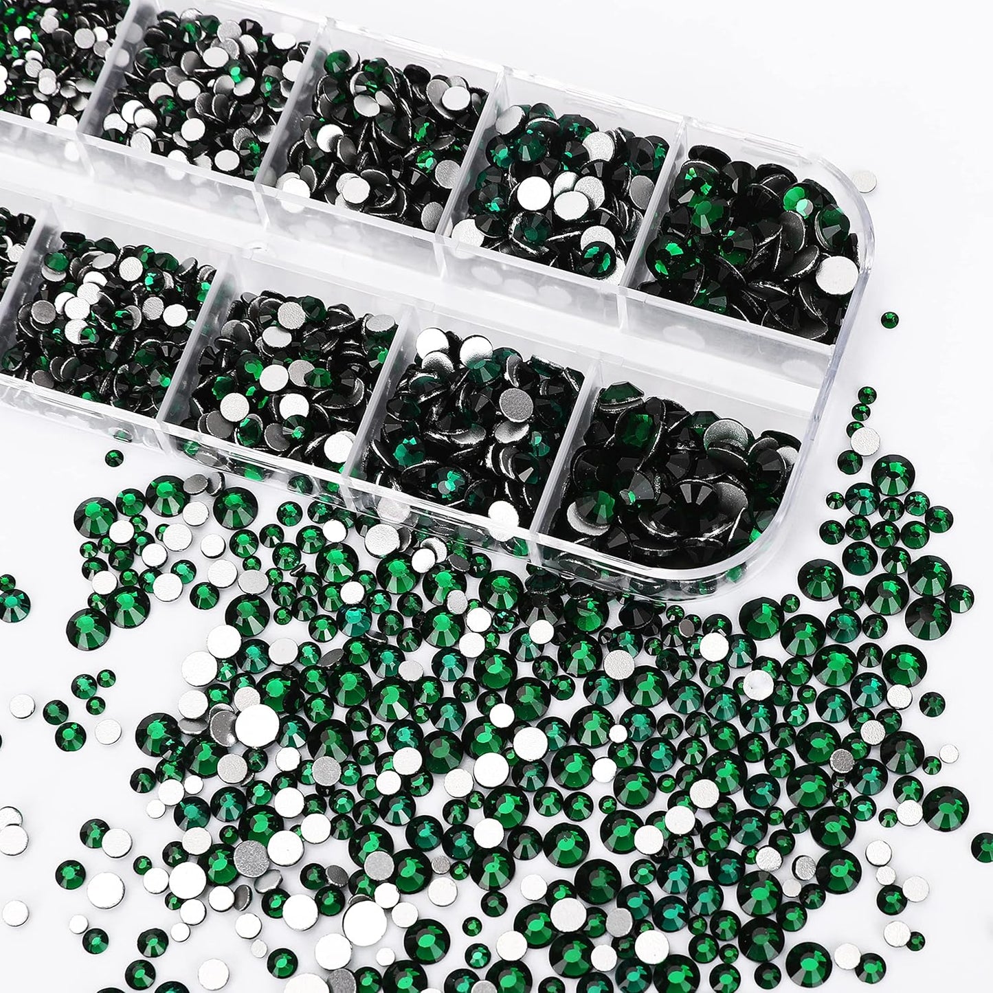HUETFAT 2400pcs Flatback Rhinestones Gems Nail Diamonds-Glass Nail Crystals 6 Sizes (1.5-4.8 mm) Green Nail Art Rhinestones Kit with Tweezers and Wax Pencil Gems for Crafts/Tumblers/Face Eye Makeup