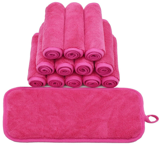 Makeup Remover Cloths for Face, Eye, Lips - Reusable Makeup Remover Pads Soft Microfiber Facial Cleansing Cloths 6 x 12 inch 12 Pack (Dark Pink)
