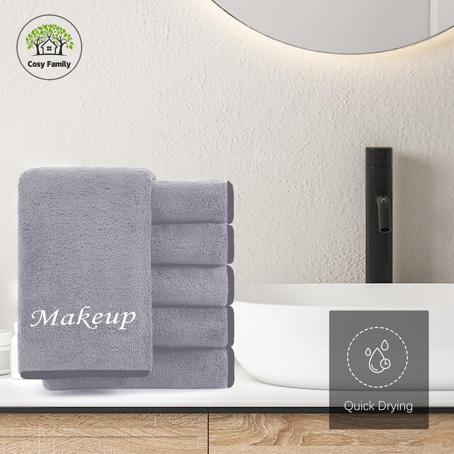 Cosy Family 10 Pack Makeup Remover Wash Cloths - Soft Microfiber Fingertip Facial Cleansing Cloths for Hand and Make Up, 12 x 12 in, Grey