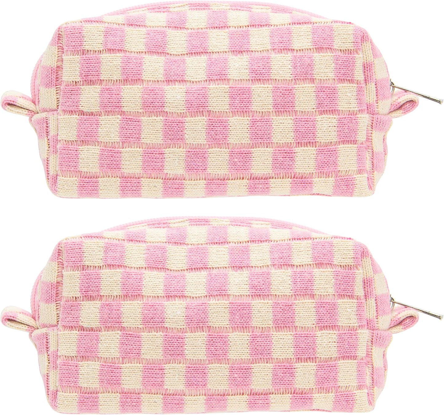PAZIMIIK 2PCS Checkered Makeup Bag for Purse Portable Zipper Make Up Pouch Small Cosmetic Case for Travel Accessories Pink Beige