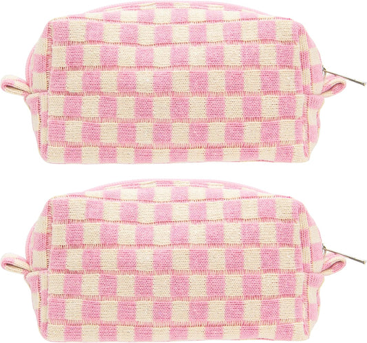 PAZIMIIK 2PCS Checkered Makeup Bag for Purse Portable Zipper Make Up Pouch Small Cosmetic Case for Travel Accessories Pink Beige